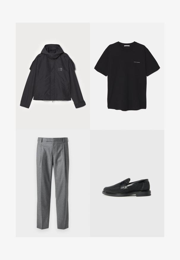 Czarna kurtka z kapturem, wykonana z gładkiego materiału. Posiada zamek z przodu, boczne kieszenie i akcenty na ramionach. Prosty design z metką.; Czarny bawełniany T-shirt z okrągłym dekoltem, krótkimi rękawami i białym nadrukiem logo na lewej piersi. Prosty, jednolity kolor.; Szare spodnie z teksturowanej tkaniny, o dopasowanym kroju, z zakładkami z przodu i subtelnym wzorem, z dwiema bocznymi kieszeniami i płaskim przodem.; Czarny, pleciony but wsuwany z gładkim skórzanym akcentem na cholewce, o okrągłym nosku i niskoprofilowej gumowej podeszwie.