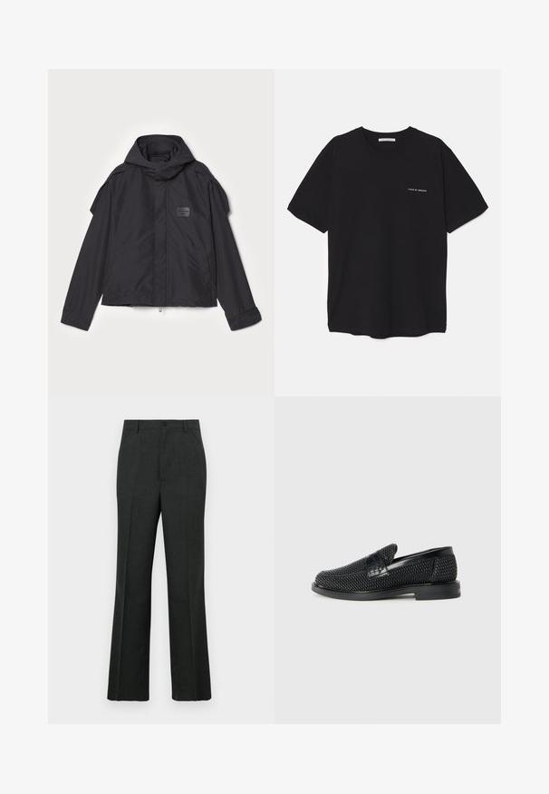 Sort jakke med hætte, lavet af glat stof. Har lynlåslukning foran, sidelommer og skulderdetaljer. Simpel design med et mærke.; Sort bomulds T-shirt med rund hals, korte ærmer og en hvid logo print på venstre bryst. Simpelt, ensfarvet design.; Mørkegrå skræddersyede bukser med lige snit, der har knaplukning, forlommer og en subtil tekstureret stof.; Sort vævet slip-on sko med en glat læderdetalje på overdelen, en rund tådesign og en lavprofil gummisål.