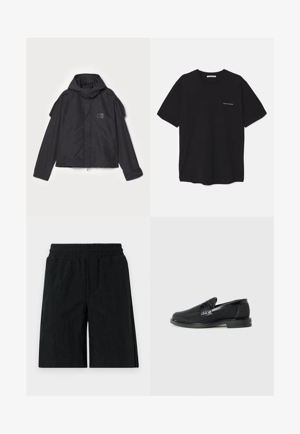 Mustatakki hupulla, valmistettu sileästä kankaasta. Ominaisuuksiin kuuluu vetoketjukiinnitys edessä, sivutaskut ja olkakorostukset. Yksinkertainen muotoilu, jossa on etiketti.; Musta puuvillapaita, jossa on pyöreä kaula-aukko, lyhyet hihat ja valkoinen logopainatus vasemmassa rinnassa. Yksinkertainen, tasavärinen design.; Musta shortsi, jossa on elastinen vyötärö, teksturoitu kangas, polviin ulottuva muotoilu ja sivutaskut.; Musta kudottu liukupohjallinen kenka, jossa on sileä nahkakorostus päällisessä, pyöreä kärki ja matala kumipohja.