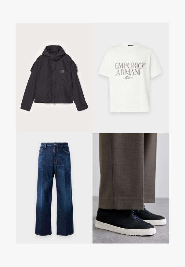 Juodas švarkas su kapišonu, pagamintas iš lygios medžiagos. Yra užtrauktukas priekyje, šoninės kišenės ir pečių akcentai. Paprastas dizainas su etikete.; Balta medvilninė marškinėliai su dideliu pilku "Emporio Armani Milano" logotipu priekyje ir mažu logotipu viršutinėje kairėje pusėje.; Tamsiai mėlynos džinsinės kelnes su laisvu siluetu, plačiomis kojomis ir subtiliu blukimu. Yra siuvinėti detalės ir prekės ženklo etiketė ant juosmens.; Juodi zomšiniai sportbačiai su baltais guminiais padais, su apvalia nosimi ir raišteliais, dėvimi su pilkais pritaikytais kelnais.