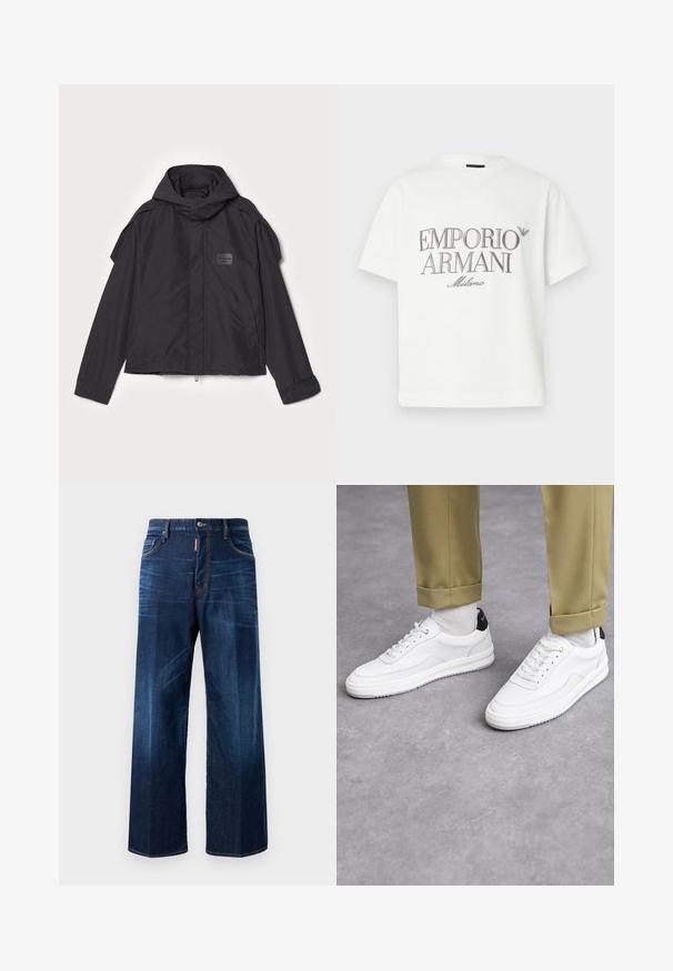 Černá bunda s kapucí, vyrobená z hladké tkaniny. Obsahuje zapínání na zip vpředu, boční kapsy a akcenty na ramenou. Jednoduchý design s štítkem.; Bílé bavlněné tričko s velkým šedým logem "Emporio Armani Milano" na přední straně a malým logem na levé horní straně.; Tmavě modré džíny z denimové látky s volným střihem, širokými nohavicemi a jemným vytíráním. Obsahují vyšívané detaily a značkovou etiketu na pase.; Bílé tenisky s texturovaným koženým povrchem, zaoblenou špičkou a černým akcentem na patě. Gumová podrážka s malým vzorem a šitými detaily.