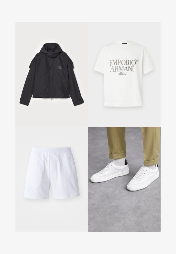 Sort jakke med hætte, lavet af glat stof. Har lynlåslukning foran, sidelommer og skulderdetaljer. Simpel design med et mærke.; Hvid bomulds t-shirt med en stor grå "Emporio Armani Milano"-logo på forsiden og en lille logo øverst til venstre.; Hvide bomuldsshorts med elastisk talje, to sidelommer og en afslappet pasform. Glat tekstur uden synlige mønstre eller detaljer.; Hvide sneakers med en tekstureret læderfinish, rund tå og sort hælaccent. Gummisål med lille mønster og syede detaljer.