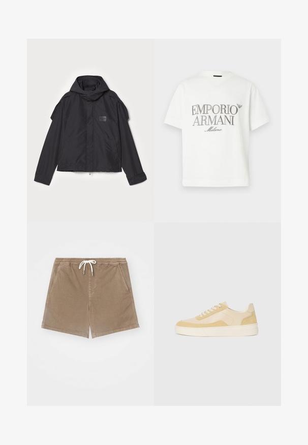 Schwarze Jacke mit Kapuze, aus glattem Stoff. Verfügt über einen Reißverschluss vorne, seitliche Taschen und Schulterakzente. Einfaches Design mit einem Etikett.; Weißes Baumwoll-T-Shirt mit einem großen grauen "Emporio Armani Milano"-Logo auf der Vorderseite und einem kleinen Logo oben links.; Braune Baumwollshorts mit einem elastischen Bund und weißem Kordelzug, ausgestattet mit zwei seitlichen Taschen und einem geraden Schnitt.; Sneaker aus hellgelbem Wildleder und Leder, mit gepolsteter Sohle und gestalteten Akzenten. Klassisches Schnürdesign mit runder Zehenform.