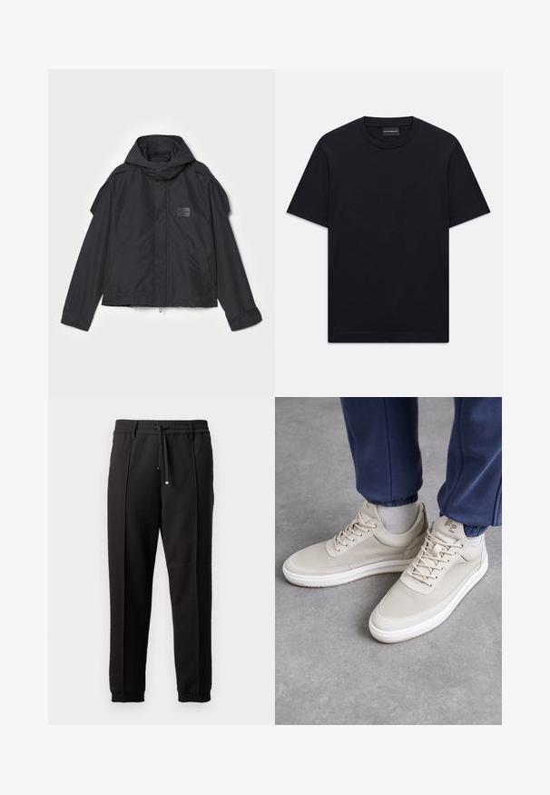 Jachetă neagră cu glugă, fabricată dintr-un material neted. Dispune de fermoar frontal, buzunare laterale și accente pe umeri. Design simplu cu etichetă.; Tricou din bumbac cu mâneci scurte, de culoare neagră, cu un design subtile al logo-ului embosat centrat pe piept și o etichetă branduită în interiorul gulerului.; Pantaloni negri cu un brâu, șnur și manșete elastice. Prezintă pliuri și un material neted, texturat.; Adidași bej cu material texturat, vârf rotund, șireturi și un design minimalist. Talpă albă cu detalii de nuanță deschisă. Purtați cu pantaloni de trening bleumarin.