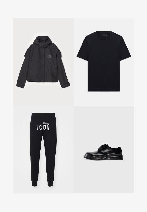 Black jacket with a hood, made of smooth fabric. Features a zip front, side pockets, and shoulder accents. Simple design with a label.; Black short-sleeve crew neck T-shirt with subtle embossed logo design centered on the chest and a branded tag inside the collar.; Black sweatpants featuring a soft texture, tapered legs, and pockets. The back displays "DSQUARED2 ICON" in bold white letters.; Black leather dress shoe with a rounded toe, smooth finish, lace-up design, and a stacked heel. Minimalist style with no visible logos.