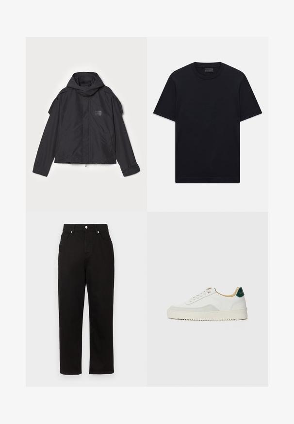 Juodas švarkas su kapišonu, pagamintas iš lygios medžiagos. Yra užtrauktukas priekyje, šoninės kišenės ir pečių akcentai. Paprastas dizainas su etikete.; Juoda trumpo rankovės marškinėliai su apvalia iškirpte, su subtiliu iškilniu logotipo dizainu viduryje krūtinės ir ženklu vidinėje apykaklės pusėje.; Juodi džinsai su tiesia kojų forma, pasižymintys aukštu liemeniu, priekinėmis kišenėmis ir sidabriniais aksesuarais ant liemens.; Baltos sportbačiai su zomšos akcentais, apvaliu nosiu, plokščiais raišteliais ir kreminės spalvos guminiu padu. Ant kulno yra žalia ženklinimo detalė.