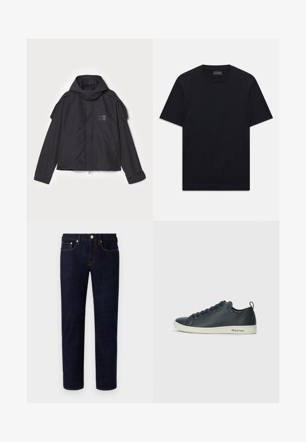 Melna jaka ar kapuci, izgatavota no gludas auduma. Aprīkota ar rāvējslēdzēju priekšā, sānu kabatām un plecu akcentiem. Vienkāršs dizains ar etiķeti.; Melnas īsām piedurknēm T-krekls ar apaļu kakla izgriezumu, ar smalku iepresētu logotipa dizainu krūšu centrā un zīmola etiķeti apakšā kaklā.; Tumši zili džinsi ar taisnu kāju dizainu, ar oranžu šuvju, pieciem kabatām un priekšējo pogu aizdari.; Tumši jūras zila ādas trenažieris ar gludu apdari, apaļu purngalu, sešām acu cilpām un kontrastējošu baltu gumijas zoli. Sānos ir redzama zīmola atpazīstamība.