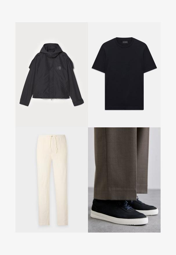 Musthaveheide mustaghuri hoodiga, valge catsosta. Omab esist zip ja külge taskud, õlavarre aksendid. Lihtne disain ja silt.; Must ja lühikeste varrukatega T-särk ümaratest kaelusest, diskreetne reljeefne logo disain, mis on keskendatud rinnale, ja kaubamärgiga silt kaeluses.; 120% Lino MEN PANT - Püksid - milk; Mustad suleed sneakers valge kummist tallaga, ümarate varvaste ja paeltega, kantud hallide ülikonna pükste kõrval.
