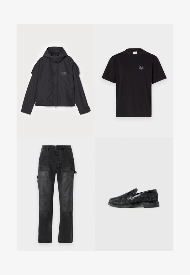 Melna jaka ar kapuci, izgatavota no gludas auduma. Aprīkota ar rāvējslēdzēju priekšā, sānu kabatām un plecu akcentiem. Vienkāršs dizains ar etiķeti.; Melna kokvilnas T-kreklu ar apaļu kaklu un īsām piedurknēm. Saturs mazu zilu logotipu kreisajā krūtī. Vienkāršs, taisns griezums.; Melna džinsu bikses ar kontrastējošiem melniem ādas paneļiem, taisna kāju dizains un smalki nolietotas detaļas audumā.; Melnas austas slaidu kurpes ar gludu ādas akcentu augšpusē, apaļas formas purngalu un zemas profila gumijas zoli.