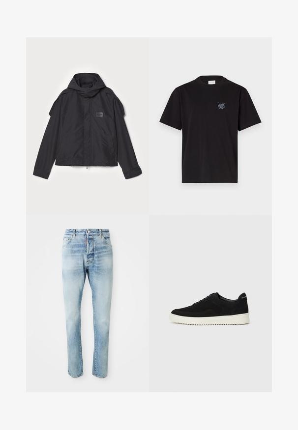 Černá bunda s kapucí, vyrobená z hladké tkaniny. Obsahuje zapínání na zip vpředu, boční kapsy a akcenty na ramenou. Jednoduchý design s štítkem.; Černé bavlněné tričko s kulatým výstřihem a krátkými rukávy. Na levé části hrudi se nachází malé modré logo. Jednoduchý, rovně střižený design.; Světle modré zesvětlené džíny z denimu s uzavíráním na knoflík a zip, předními a zadními kapsami, vystavené na jednoduchém bílém pozadí.; Černé semišové tenisky s krajkovým designem a kontrastní bílou gumovou podrážkou. Obsahují texturované boční panely a jemné branding na patě.