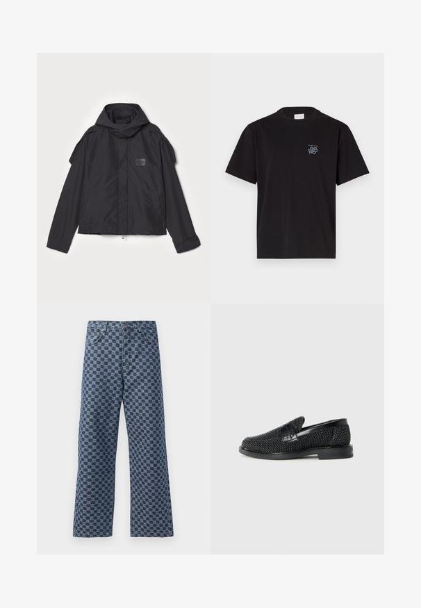 Černá bunda s kapucí, vyrobená z hladké tkaniny. Obsahuje zapínání na zip vpředu, boční kapsy a akcenty na ramenou. Jednoduchý design s štítkem.; Černé bavlněné tričko s kulatým výstřihem a krátkými rukávy. Na levé části hrudi se nachází malé modré logo. Jednoduchý, rovně střižený design.; Modré džíny s opakujícím se geometrickým vzorem, pěti kapsami, zapínáním na knoflík a rozšířeným střihem nohavic.; Černé pletené nazouvací boty s hladkým koženým akcentem na svršku, kulatou špičkou a nízkoprofilovou gumovou podrážkou.