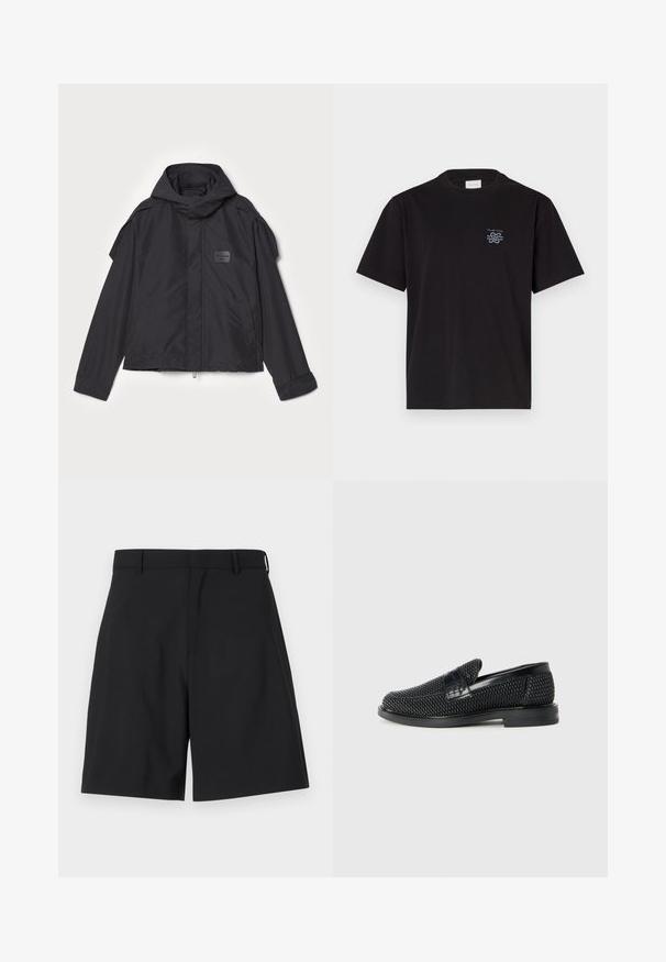 Black jacket with a hood, made of smooth fabric. Features a zip front, side pockets, and shoulder accents. Simple design with a label.; Black cotton t-shirt with a crew neck and short sleeves. Features a small blue logo on the left chest. Simple, straight-cut design.; Black shorts made of smooth fabric with a tailored design, featuring a flat front and two side pockets, and a regular waistband.; Black woven slip-on shoe with a smooth leather accent on the upper, a round toe design, and a low-profile rubber sole.