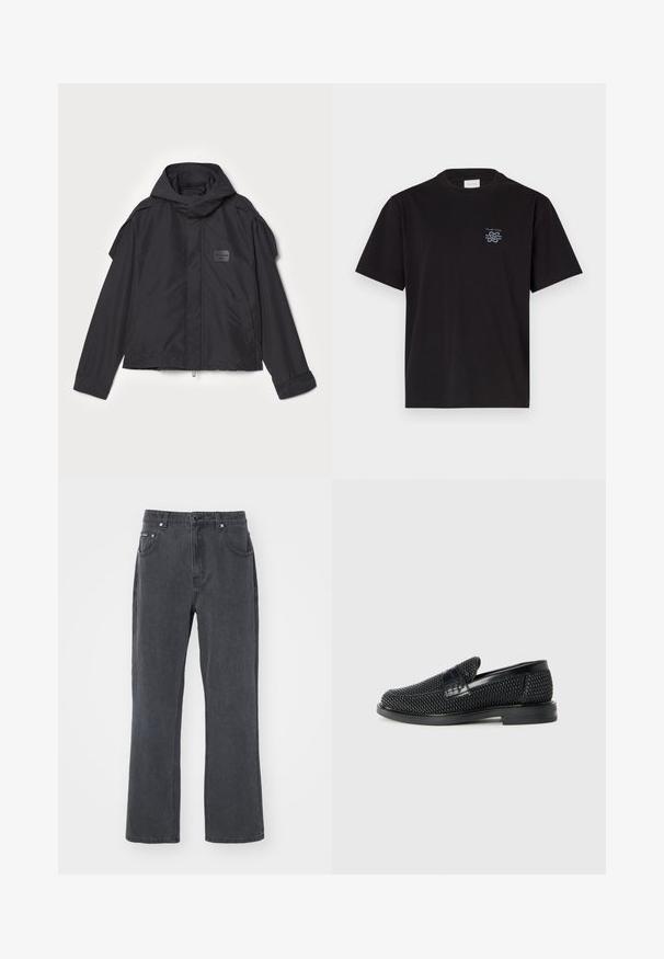 Μαύρο μπουφάν με κουκούλα, κατασκευασμένο από λεία ύφανση. Διαθέτει φερμουάρ μπροστά, πλάγιες τσέπες και διακρίσεις στους ώμους. Απλός σχεδιασμός με ετικέτα.; Μαύρο βαμβακερό μπλουζάκι με στρογγυλή λαιμόκοψη και κοντά μανίκια. Διαθέτει ένα μικρό μπλε λογότυπο στην αριστερή πλευρά του στήθους. Απλός, ευθύς σχεδιασμός.; Σκούρο γκρι τζιν παντελόνι με ευθεία γραμμή, πέντε τσέπες και κλείσιμο με μεταλλικό κουμπί. Μαλακή υφή και ελάχιστες λεπτομέρειες.; Μαύρο πλεκτό παπούτσι slip-on με λείο δερμάτινο στοιχείο στο άνω μέρος, στρογγυλή μύτη και χαμηλό καουτσούκ πάτο.