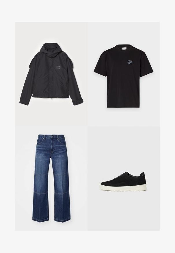 Black jacket with a hood, made of smooth fabric. Features a zip front, side pockets, and shoulder accents. Simple design with a label.; Black cotton t-shirt with a crew neck and short sleeves. Features a small blue logo on the left chest. Simple, straight-cut design.; Wide-leg denim jeans in dark blue, featuring contrasting panels, a classic five-pocket design, and traditional stitching details.; Black suede sneaker with lace-up design and contrasting white rubber sole. Features textured side panels and subtle branding on the heel.