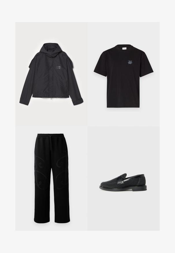 Čierna bunda s kapucňou, vyrobená z hladkej tkaniny. Obsahuje predný zips, bočné vrecká a ramenné akcenty. Jednoduchý dizajn so štítkom.; Čierne bavlnené tričko s okrúhlym výstrihom a krátkymi rukávmi. Obsahuje malú modrú nášivku na ľavej hrudi. Jednoduchý, rovný strih.; Čierne tepláky s voľným strihom, s komplikovanými krúživými stehovými vzormi pozdĺž strán a elastickým pásom so šnúrkou.; Čierne tkané slip-on topánky s hladkým koženým akcentom na vrchnej časti, s okrúlym dizajnom špičky a nízkoprofilovou gumovou podrážkou.