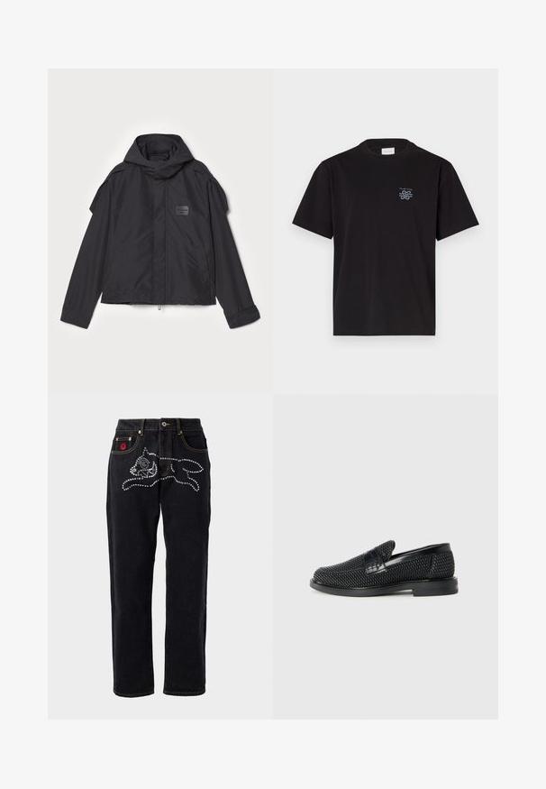 Černá bunda s kapucí, vyrobená z hladké tkaniny. Obsahuje zapínání na zip vpředu, boční kapsy a akcenty na ramenou. Jednoduchý design s štítkem.; Černé bavlněné tričko s kulatým výstřihem a krátkými rukávy. Na levé části hrudi se nachází malé modré logo. Jednoduchý, rovně střižený design.; Černé džíny z denimu se střihem rovného nohavice, zdobené stříbrnými prvky v charakteristickém vzoru, kontrastním prošitím a štítkem loga na kapse.; Černé pletené nazouvací boty s hladkým koženým akcentem na svršku, kulatou špičkou a nízkoprofilovou gumovou podrážkou.