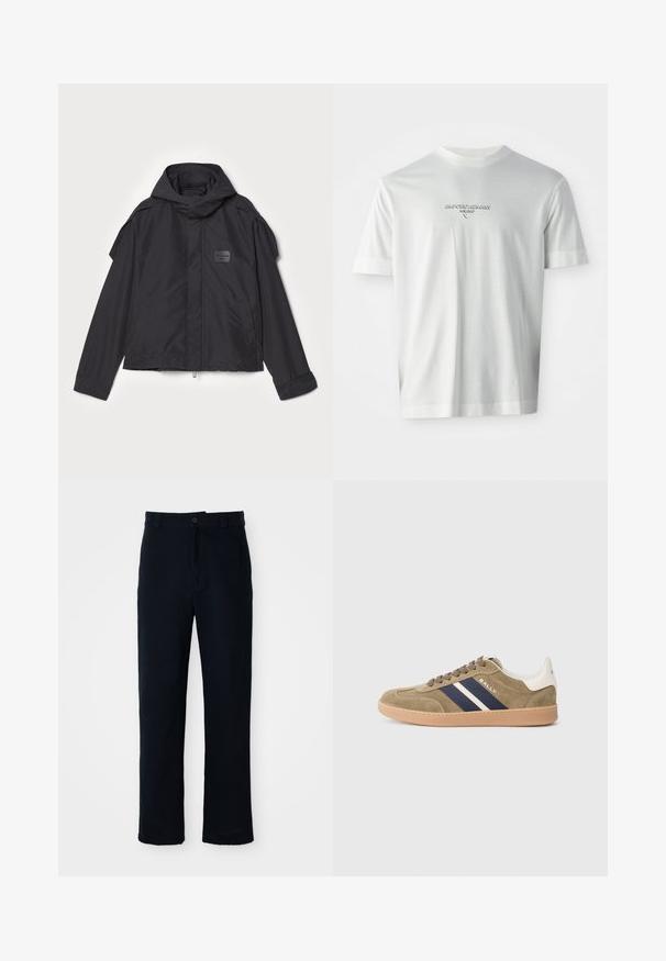 Mustatakki hupulla, valmistettu sileästä kankaasta. Ominaisuuksiin kuuluu vetoketjukiinnitys edessä, sivutaskut ja olkakorostukset. Yksinkertainen muotoilu, jossa on etiketti.; Valkoinen lyhythihainen T-paita, jossa on rinnan keskellä ”EMPORIO ARMANI MILANO” -logo hienovaraisella kohotetulla tekstillä.; Tummansinisiä puuvillapantaloonia, joissa on suora lahjemuotoilu, etupainikekiinnitys ja klassinen vyötärö vyölenkeillä.; Kengät oliivi värisestä mokasta, joissa on tummansinisiä ja valkoisia raitoja, beige kumipohja, pyöreä kärki ja nauhakiinnitys. Brändinimi "BALLY" sivussa.