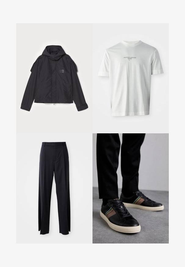 Fekete kapucnis dzseki, sima anyagból készült. Elöl zipzárral záródik, oldalsó zsebekkel és vállrész kiemelésekkel rendelkezik. Egyszerű dizájn jellemzi, címkével.; Fehér, rövid ujjú póló, a mellkason középen található "EMPORIO ARMANI MILANO" logóval, diszkrét, kiemelkedő betűtípussal.; Fekete, magasan ültetett nadrág, széles szárai vannak, sima anyagból készült. Elülső redők és övhurkok jellemzik. Minimalista dizájn, látható fémalkatrészek nélkül.; Fekete bőr sportcipők színes csíkozással, kerek orral és fehér gumitalppal, fűzős kialakítással és dombornyomott logóval.
