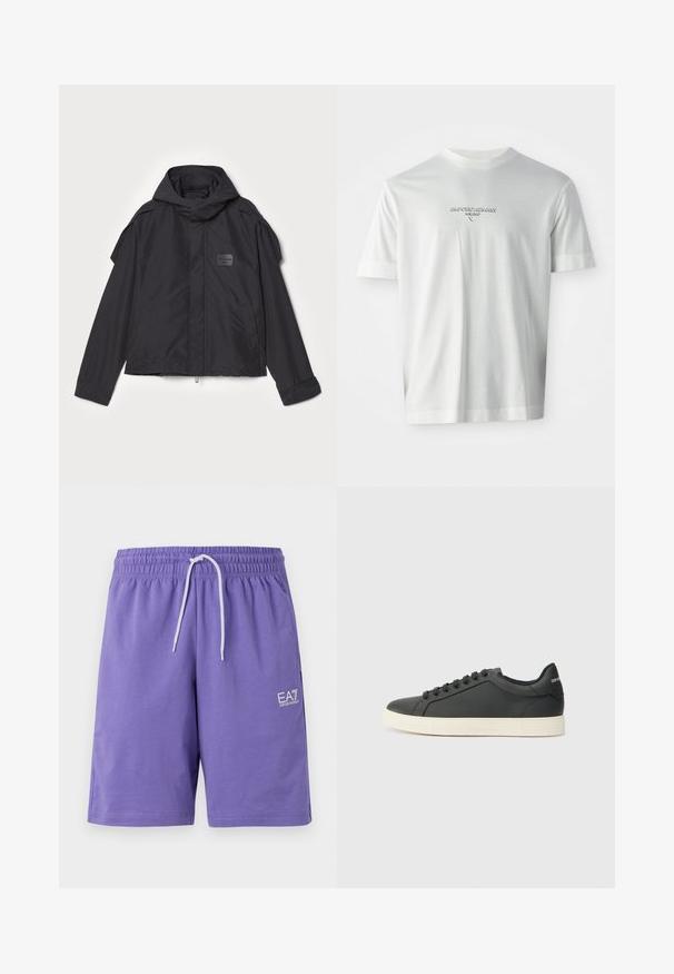 Čierna bunda s kapucňou, vyrobená z hladkej tkaniny. Obsahuje predný zips, bočné vrecká a ramenné akcenty. Jednoduchý dizajn so štítkom.; Biele tričko s krátkym rukávom s logom "EMPORIO ARMANI MILANO" umiestneným na hrudi v jemne vystúpenom písme.; Fialové šortky vyrobené z mäkkej tkaniny, ktoré majú elastický pás s bielym šnúrkou a malým bielym logom na prednej strane.; Čierne kožené tenisky s nízkym profilom, zaoblenou špičkou a šnurovaním; obsahujú textúrovanú gumovú podrážku a logo na päte.