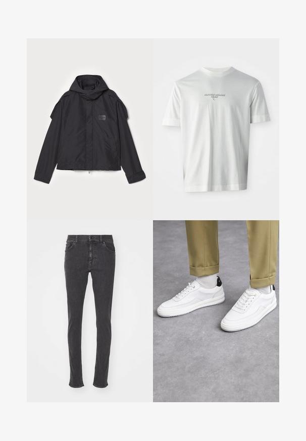 Černá bunda s kapucí, vyrobená z hladké tkaniny. Obsahuje zapínání na zip vpředu, boční kapsy a akcenty na ramenou. Jednoduchý design s štítkem.; Bílý krátký rukáv tričko s logem "EMPORIO ARMANI MILANO" umístěným na hrudi v jemně vystouplém písmu.; Černé džíny z denimové látky se slim fit střihem, designem s pěti kapsami a kontrastním štepováním. Vybaveny zipovým zapínáním a knoflíkovým uzávěrem.; Bílé tenisky s texturovaným koženým povrchem, zaoblenou špičkou a černým akcentem na patě. Gumová podrážka s malým vzorem a šitými detaily.