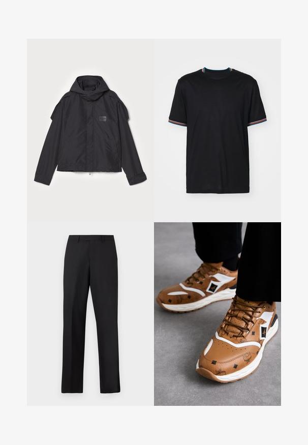 Juodas švarkas su kapišonu, pagamintas iš lygios medžiagos. Yra užtrauktukas priekyje, šoninės kišenės ir pečių akcentai. Paprastas dizainas su etikete.; Juodas trumpas rankovės marškinėliai su apvaliu iškirpimu, puošti daugiaspalvėmis dryžuotomis detalėmis ant apykaklės ir rankovių. Minkšta audinio tekstūra.; Juodos, tiesios kojų kelnės iš lygaus audinio. Turi standartinę juosmens juostą ir neturi matomų raštų ar akcentų.; Rudos odiniai sportbačiai su baltais akcentais, tekstūriniais raštais ir auksinėmis detalėmis; storas baltas padas; apvalus pirštas ir raištelių dizainas.