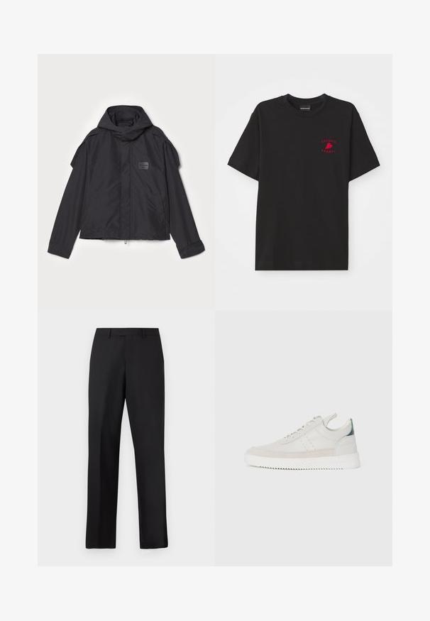 Melna jaka ar kapuci, izgatavota no gludas auduma. Aprīkota ar rāvējslēdzēju priekšā, sānu kabatām un plecu akcentiem. Vienkāršs dizains ar etiķeti.; Melnas kokvilnas T-krekls ar apaļu kaklu un īsām piedurknēm; rotāts ar sarkano izšūto "Emporio Armani" logotipu un sirdi krūšu zonā.; Melnas, taisnas bikses no gludas auduma. Tām ir standarta jostasvieta, bez redzamiem rakstiem vai akcentsiem.; Baltas ādas sporta apavi ar pelēka zamšādas akcentiem, saistoša dizaina, ar vilkšanas cilpu un teksturētu gumijas zoli, kas raksturojas ar zigzag rakstu.