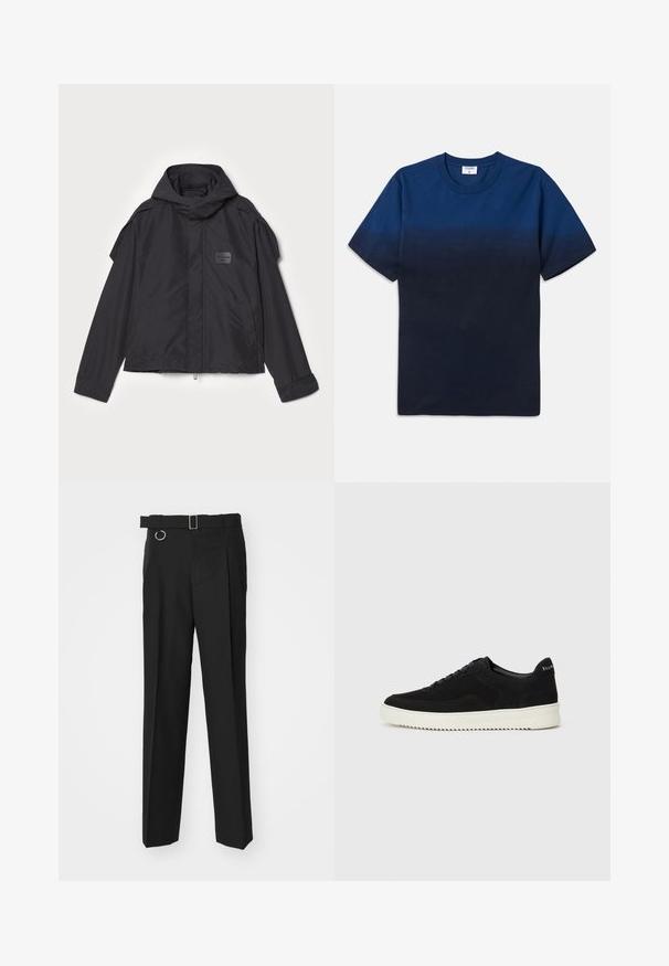 Melna jaka ar kapuci, izgatavota no gludas auduma. Aprīkota ar rāvējslēdzēju priekšā, sānu kabatām un plecu akcentiem. Vienkāršs dizains ar etiķeti.; Tums zila kokvilnas T-kreklu ar apaļu kaklu, īsām piedurknēm un izsmalcinātu gradientu dizainu, kas pāriet no gaišākām uz tumšākām nokrāsām.; Études LOOSE SUIT PANT - Uzvalka bikses - black; Melnas zamšas kedas ar auklām un kontrastējošu baltu gumijas zoli. Iekļauj teksturētas sānu panēles un diskretu zīmolu uz papēža.
