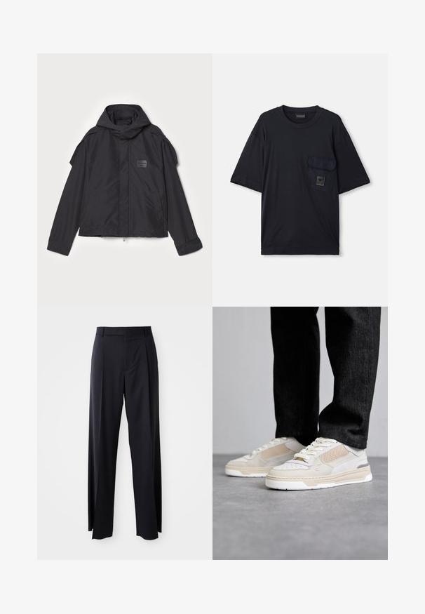 Czarna kurtka z kapturem, wykonana z gładkiego materiału. Posiada zamek z przodu, boczne kieszenie i akcenty na ramionach. Prosty design z metką.; Czarna krótkozasięgowa koszulka z okrągłym dekoltem, z klapką na lewej piersi, z małą prostokątną łatką z logo.; Czarne, wysokie spodnie o szerokim kroju, wykonane z gładkiego materiału. Posiadają zakładki z przodu i paski na pasek. Minimalistyczny design, bez widocznych elementów metalowych.; Filling Pieces CRUISER CRUMBS biały