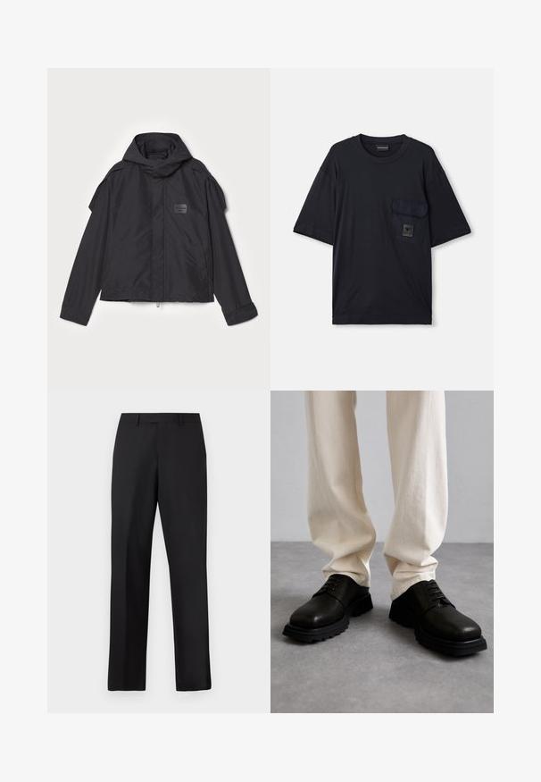 Black jacket with a hood, made of smooth fabric. Features a zip front, side pockets, and shoulder accents. Simple design with a label.; Black short-sleeve crew neck T-shirt with a flap pocket on the left chest featuring a small rectangular logo patch.; Black, straight-leg trousers made of smooth fabric. Features a standard waistband and no visible patterns or accents.; Black leather shoes with textured surface, round toe, and lace-up front. Rubber sole with tread for grip, worn with cream-colored pants.