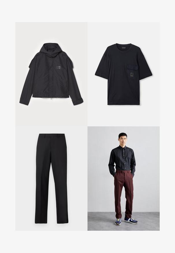Black jacket with a hood, made of smooth fabric. Features a zip front, side pockets, and shoulder accents. Simple design with a label.; Black short-sleeve crew neck T-shirt with a flap pocket on the left chest featuring a small rectangular logo patch.; Black, straight-leg trousers made of smooth fabric. Features a standard waistband and no visible patterns or accents.; Black, long-sleeve button-up shirt paired with high-waisted, burgundy trousers and blue sneakers with green accents. Model stands hands in pockets.