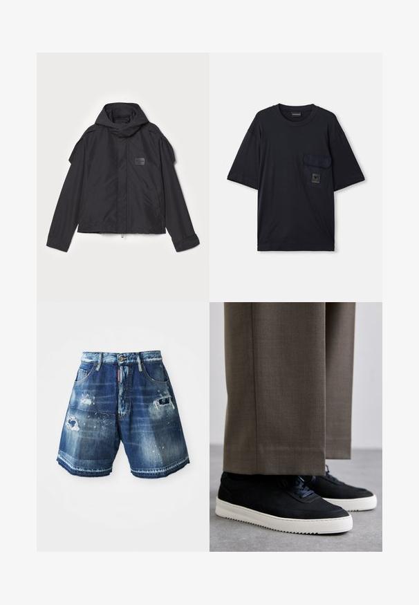 Jachetă neagră cu glugă, fabricată dintr-un material neted. Dispune de fermoar frontal, buzunare laterale și accente pe umeri. Design simplu cu etichetă.; Tricou negru cu mânecă scurtă, de tip crew neck, cu un buzunar cu clapă pe partea stângă a pieptului, având o mică etichetă rectangulară cu logo.; Șorturi din denim de culoare albastră închisă cu detalii uzate. Include marginile de tip franjuri, buzunare și închidere cu buton. Variatii de spălare pe întreaga țesătură.; Tenisi din suede negru cu talpă din cauciuc alb, având vârf rotunjit și șireturi, purtați cu pantaloni gri ajustați.