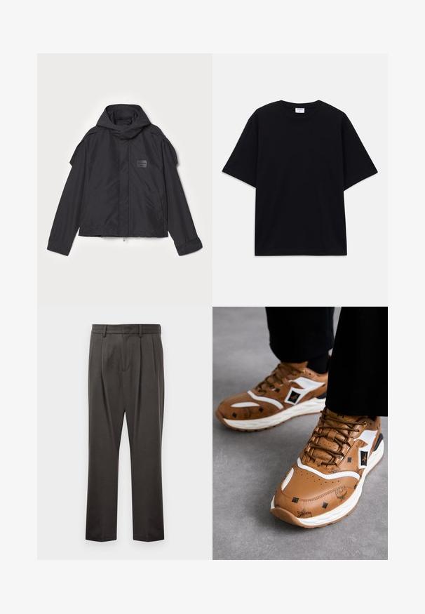 Black jacket with a hood, made of smooth fabric. Features a zip front, side pockets, and shoulder accents. Simple design with a label.; Black short-sleeve oversized T-shirt with round neckline and visible Filippa K brand label inside the collar.; Dark gray trousers made from textured fabric, featuring a flat front, pleats, straight legs, and belt loops. No visible hardware or patterns.; Brown leather sneakers with white accents, textured patterns, and gold hardware; thick white sole; round toe and lace-up design.