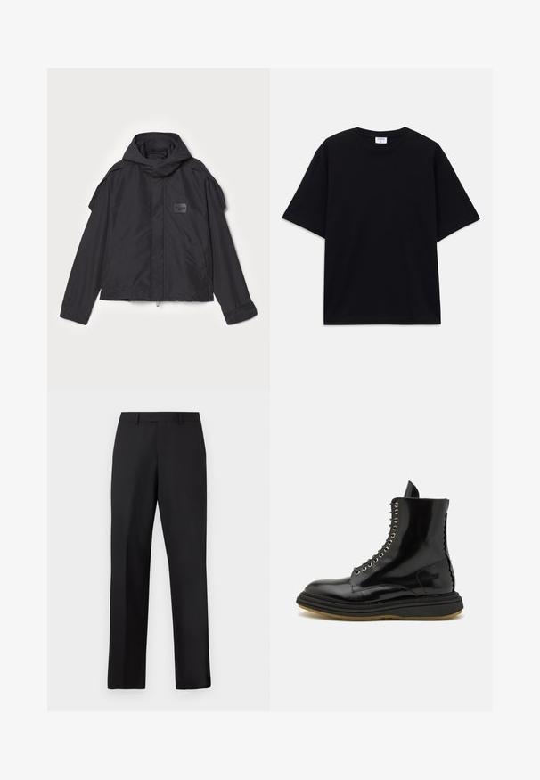 Black jacket with a hood, made of smooth fabric. Features a zip front, side pockets, and shoulder accents. Simple design with a label.; Black short-sleeve oversized T-shirt with round neckline and visible Filippa K brand label inside the collar.; Black, straight-leg trousers made of smooth fabric. Features a standard waistband and no visible patterns or accents.; The Antipode BOOT - Lace-up ankle boots - black