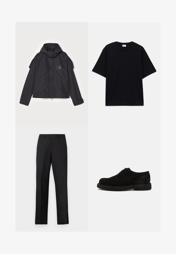 Giacca nera con cappuccio, realizzata in tessuto liscio. Presenta una chiusura frontale con zip, tasche laterali e dettagli sulle spalle. Design semplice con un'etichetta.; T-shirt oversize nera a maniche corte con scollatura rotonda e etichetta del marchio Filippa K visibile all'interno del colletto.; Pantaloni neri a gamba dritta in tessuto liscio. Presentano una vita standard e nessun motivo o accento visibile.; The Antipode DERBY - Stringate - black