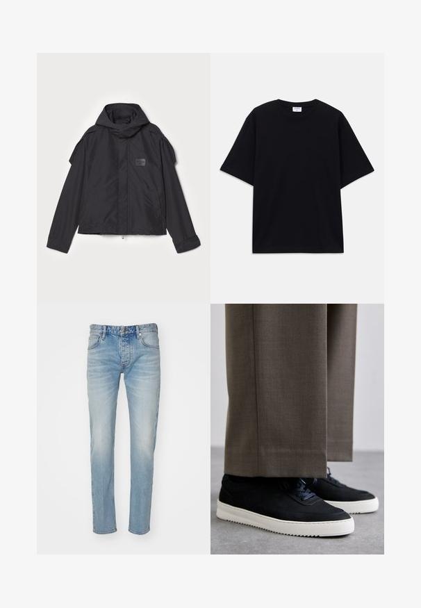 Μαύρο μπουφάν με κουκούλα, κατασκευασμένο από λεία ύφανση. Διαθέτει φερμουάρ μπροστά, πλάγιες τσέπες και διακρίσεις στους ώμους. Απλός σχεδιασμός με ετικέτα.; Μαύρο κοντομάνικο oversized T-shirt με στρογγυλή λαιμόκοψη και ορατή ετικέτα μάρκας Filippa K μέσα στον γιακά.; Emporio Armani POCKETS PANT - Slim fit jeans - medium blue denim; Μαύρα σουέντ αθλητικά παπούτσια με λευκές καουτσούκ σόλες, με στρογγυλή μύτη και κορδόνια, φορεμένα με γκρι προσαρμοσμένα παντελόνια.