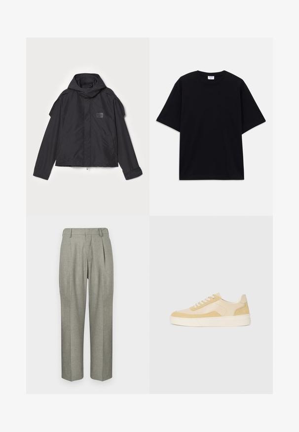 Jachetă neagră cu glugă, fabricată dintr-un material neted. Dispune de fermoar frontal, buzunare laterale și accente pe umeri. Design simplu cu etichetă.; Tricou oversized cu mânecă scurtă, de culoare neagră, cu decolteu rotund și etichetă Filippa K vizibilă în interiorul gulerului.; Pantaloni gri deschis dintr-un material texturat. Prezintă un design cu picioare drepte, pliseuri în față și o talie plată.; Adidași din suede și piele galben deschis, cu o talpă moale și detalii cusute. Design clasic cu șireturi și vârf rotunjit.