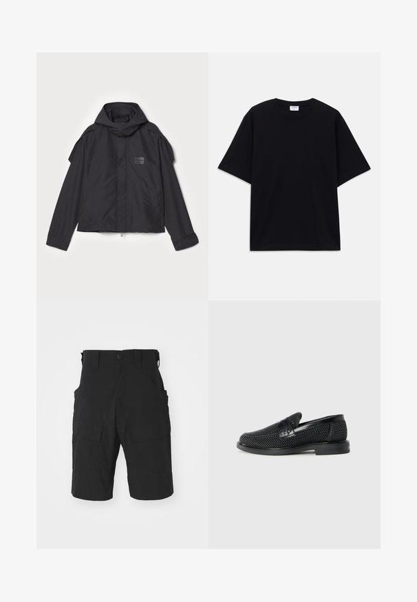 Black jacket with a hood, made of smooth fabric. Features a zip front, side pockets, and shoulder accents. Simple design with a label.; Black short-sleeve oversized T-shirt with round neckline and visible Filippa K brand label inside the collar.; Black cargo shorts made of lightweight fabric featuring multiple pockets, a button closure, and a relaxed fit with a knee-length cut.; Black woven slip-on shoe with a smooth leather accent on the upper, a round toe design, and a low-profile rubber sole.