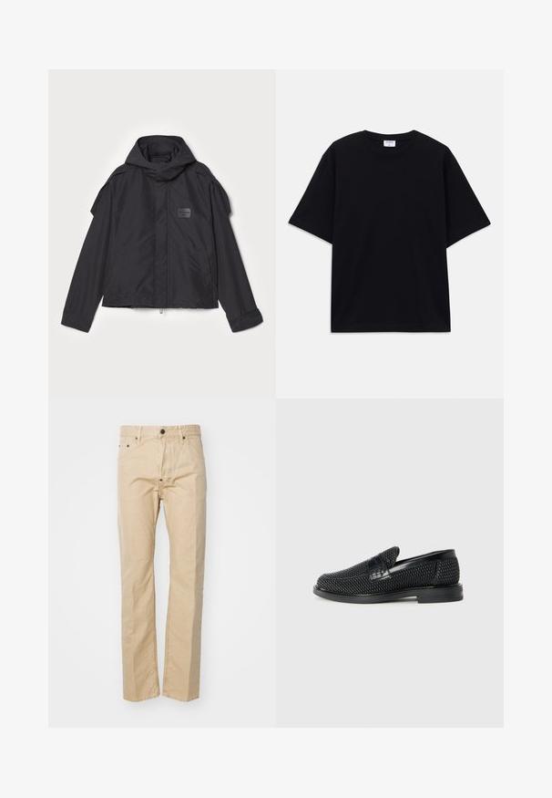 Black jacket with a hood, made of smooth fabric. Features a zip front, side pockets, and shoulder accents. Simple design with a label.; Black short-sleeve oversized T-shirt with round neckline and visible Filippa K brand label inside the collar.; Beige cotton trousers with a straight-leg design, featuring a button closure, belt loops, and front pockets. Smooth texture, minimal stitching.; Black woven slip-on shoe with a smooth leather accent on the upper, a round toe design, and a low-profile rubber sole.