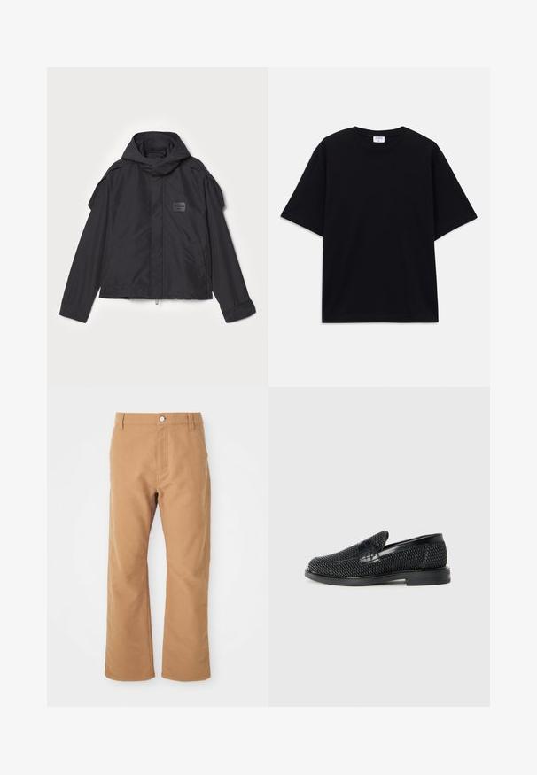 Sort jakke med hætte, lavet af glat stof. Har lynlåslukning foran, sidelommer og skulderdetaljer. Simpel design med et mærke.; Sort oversized T-shirt med korte ærmer og rund halsudskæring, med synlig Filippa K mærke indeni kraven.; Brune bomuldsbukser med lige ben, der har en enkelt knaplukning og diskrete syninger for ekstra detaljer.; Sort vævet slip-on sko med en glat læderdetalje på overdelen, en rund tådesign og en lavprofil gummisål.