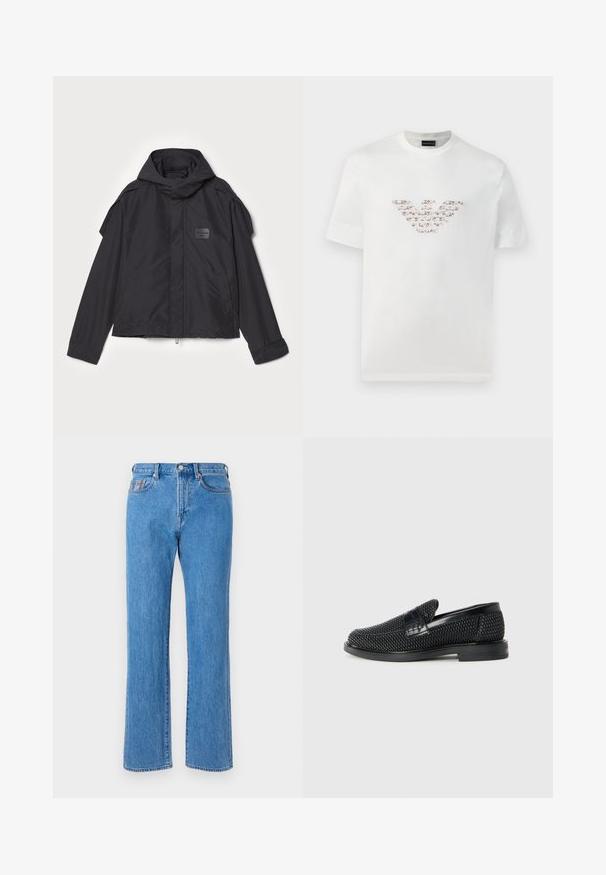 Μαύρο μπουφάν με κουκούλα, κατασκευασμένο από λεία ύφανση. Διαθέτει φερμουάρ μπροστά, πλάγιες τσέπες και διακρίσεις στους ώμους. Απλός σχεδιασμός με ετικέτα.; Λευκό βαμβακερό t-shirt με κοντά μανίκια και στρογγυλή λαιμόκοψη. Περιλαμβάνει ένα κεντρικό λογότυπο σε ροζ και καφέ αποχρώσεις.; Ανοιχτό μπλε τζιν παντελόνι με ίσια γραμμή, σχέδιο πέντε τσεπών και κλείσιμο με κουμπί. Διαθέτει διακριτές ραφές.; Μαύρο πλεκτό παπούτσι slip-on με λείο δερμάτινο στοιχείο στο άνω μέρος, στρογγυλή μύτη και χαμηλό καουτσούκ πάτο.