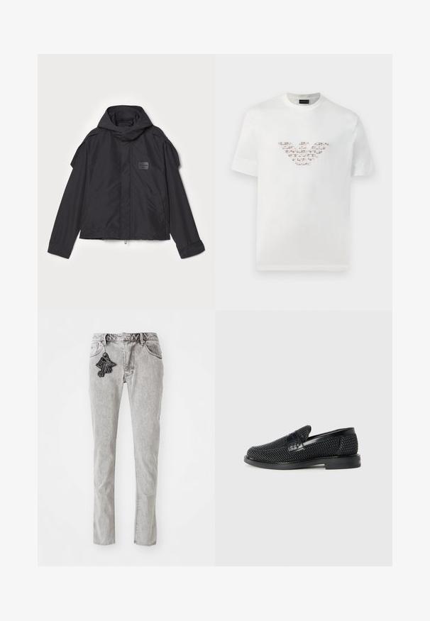 Fekete kapucnis dzseki, sima anyagból készült. Elöl zipzárral záródik, oldalsó zsebekkel és vállrész kiemelésekkel rendelkezik. Egyszerű dizájn jellemzi, címkével.; Fehér pamut póló rövid ujjakkal és kerek nyakkivágással. Középen rózsaszín és barna árnyalatokkal ellátott logó díszítéssel rendelkezik.; Világosszürke egyenes fazonú farmernadrág, cipzáros záródással, öt zsebbel és dekoratív fekete kulcstartó díszítéssel az elején.; Fekete szőtt slip-on cipő sima bőr díszítéssel a felsőrészen, kerek orral és alacsony profilos gumitalppal.
