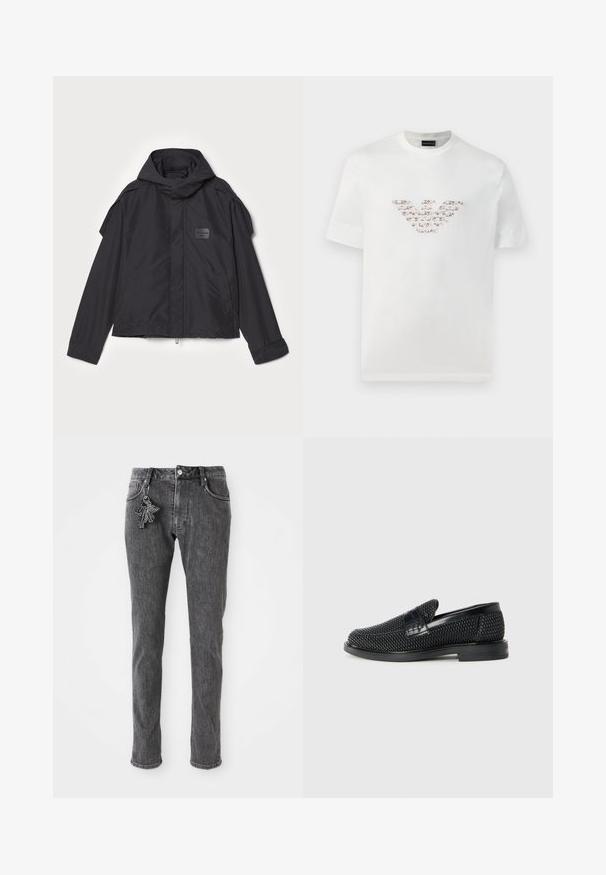 Černá bunda s kapucí, vyrobená z hladké tkaniny. Obsahuje zapínání na zip vpředu, boční kapsy a akcenty na ramenou. Jednoduchý design s štítkem.; Bílý bavlněný tričko s krátkými rukávy a kulatým výstřihem. Má centrální logo v růžových a hnědých odstínech.; Černé džínové kalhoty s úzkým střihem, které mají přední zapínání na knoflík, pět kapes a malý detail klíčenky na levé kapse.; Černé pletené nazouvací boty s hladkým koženým akcentem na svršku, kulatou špičkou a nízkoprofilovou gumovou podrážkou.