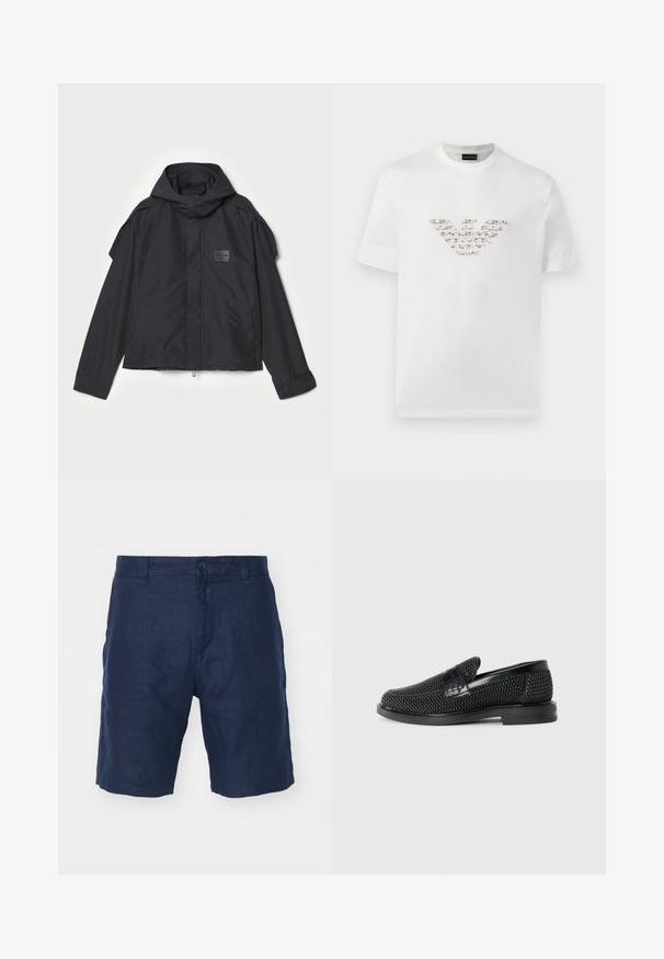 Fekete kapucnis dzseki, sima anyagból készült. Elöl zipzárral záródik, oldalsó zsebekkel és vállrész kiemelésekkel rendelkezik. Egyszerű dizájn jellemzi, címkével.; Fehér pamut póló rövid ujjakkal és kerek nyakkivágással. Középen rózsaszín és barna árnyalatokkal ellátott logó díszítéssel rendelkezik.; Tengerészkék vászonsort gombos zárással, egyenes szabással, sima textúrával és minimál stílussal.; Fekete szőtt slip-on cipő sima bőr díszítéssel a felsőrészen, kerek orral és alacsony profilos gumitalppal.