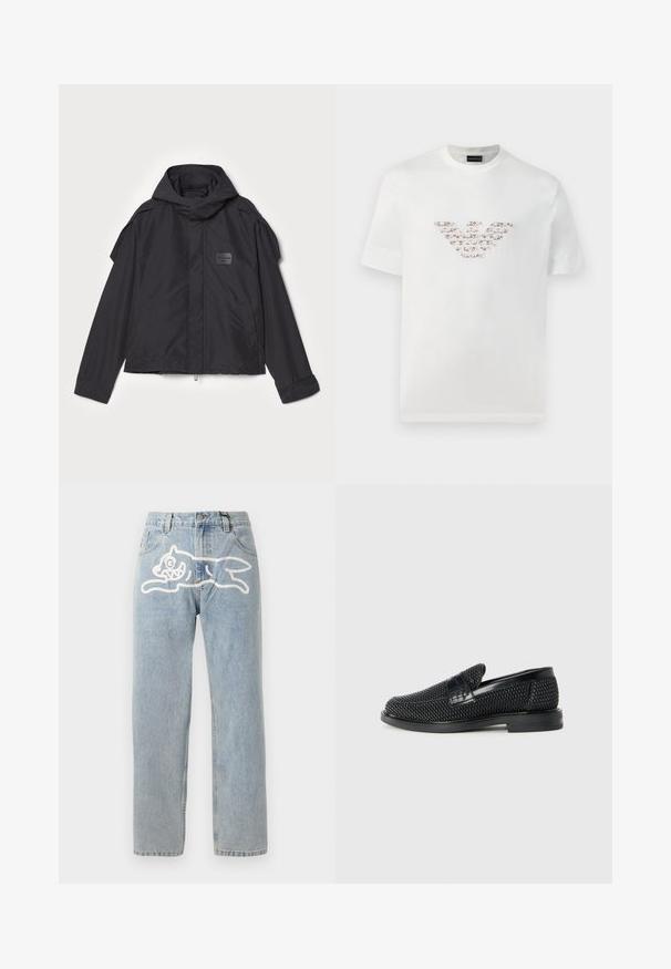 Musthaveheide mustaghuri hoodiga, valge catsosta. Omab esist zip ja külge taskud, õlavarre aksendid. Lihtne disain ja silt.; Valge puuvillane T-särk lühikeste varrukatega ja ringkaelusega. Omab keskmist logo kujundust roosa ja pruuni värvitoonis.; Heledad sinise denimitooted sirge lõikega, mille tagaküljel on suur valge kassigraafika. Klassikaline viie-tasku disain.; Must musta kootud slip-on king, millel on pehme nahast accent ülaserval, ümmargune varvas ja madal profiiliga kummitald.