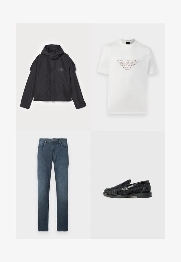 Černá bunda s kapucí, vyrobená z hladké tkaniny. Obsahuje zapínání na zip vpředu, boční kapsy a akcenty na ramenou. Jednoduchý design s štítkem.; Bílý bavlněný tričko s krátkými rukávy a kulatým výstřihem. Má centrální logo v růžových a hnědých odstínech.; Tmavě modré džíny z denimu s rovnými nohavicemi, pěti kapsami, předním zapínáním na knoflíky a jemnými šitími detaily.; Černé pletené nazouvací boty s hladkým koženým akcentem na svršku, kulatou špičkou a nízkoprofilovou gumovou podrážkou.