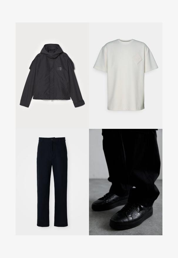 Fekete kapucnis dzseki, sima anyagból készült. Elöl zipzárral záródik, oldalsó zsebekkel és vállrész kiemelésekkel rendelkezik. Egyszerű dizájn jellemzi, címkével.; Rövid ujjú, áttetsző fehér pamut póló, bal mellen texturált gyémánt folttal, amelyen dombornyomott minta található.; Sötétkék pamut nadrág, egyenes szárú fazonnal, elülső gombos záródással és klasszikus derékkal, övhurkokkal.; Fekete bőr sportcipők textúrázott mintázattal, gumitalppal és kerek orral. A fűzők feketék, ami kiegészíti a cipő sötét dizájnját.
