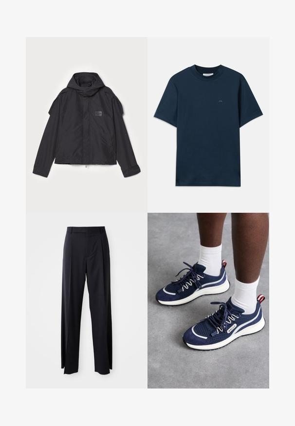 Musthaveheide mustaghuri hoodiga, valge catsosta. Omab esist zip ja külge taskud, õlavarre aksendid. Lihtne disain ja silt.; Tumesinine puuvillane T-särk, ümar kaeluses, lühikeste varrukatega ning rinnaesine on vaikselt logoga. Sile tekstuur ja klassikaline lõige.; Mustad, kõrge vöökohtaga püksid laia säärte lõikega, valmistatud siledast kangast. Omab ees plekke ja vöörihmade jaoks silmuseid. Minimalistlik disain, nähtavat riistvara pole.; Bally DARYEL - Tossud - marine/dusty white