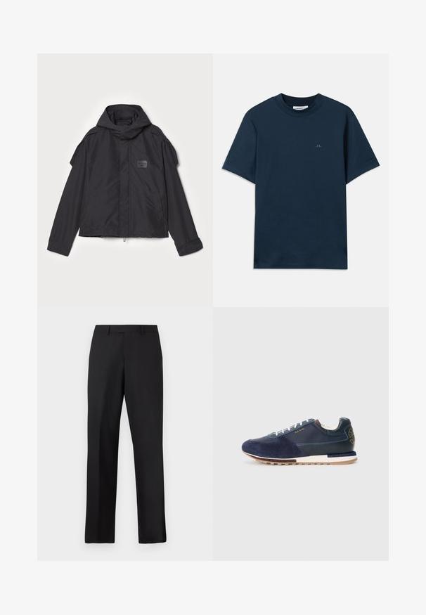 Mustatakki hupulla, valmistettu sileästä kankaasta. Ominaisuuksiin kuuluu vetoketjukiinnitys edessä, sivutaskut ja olkakorostukset. Yksinkertainen muotoilu, jossa on etiketti.; T-paita laivastonsinisestä puuvillasta, jossa on pyöreä kaula-aukko, lyhyet hihat ja hillitty logo painettuna rintaan. Sujuva Textura ja klassinen istuvuus.; Mustat, suorat housut, jotka on valmistettu sileästä kankaasta. Niissä on tavallinen vyötärönauha, eikä niissä ole näkyviä kuvioita tai koristeita.; Tummansininen mokka- ja nahkakengät valkoisilla nauhoilla, tekstuuripohjalla ja ruskea yksityiskohta takana, jossa on logokoristelu.