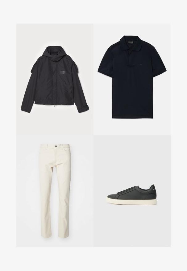 Černá bunda s kapucí, vyrobená z hladké tkaniny. Obsahuje zapínání na zip vpředu, boční kapsy a akcenty na ramenou. Jednoduchý design s štítkem.; Námorně modrá polo košile s krátkým rukávem, límečkem a decentním logem na levé hrudi, položená na bílém pozadí.; Beige bavlněné kalhoty s rovnými nohavicemi, předním zapínáním na knoflík, pásky na opasek a bočními kapsami. Hladká textura, nenápadný vzhled.; Černé kožené tenisky s nízkým profilem, zaoblenou špičkou a šněrováním; mají texturovanou gumovou podrážku a logo na patě.