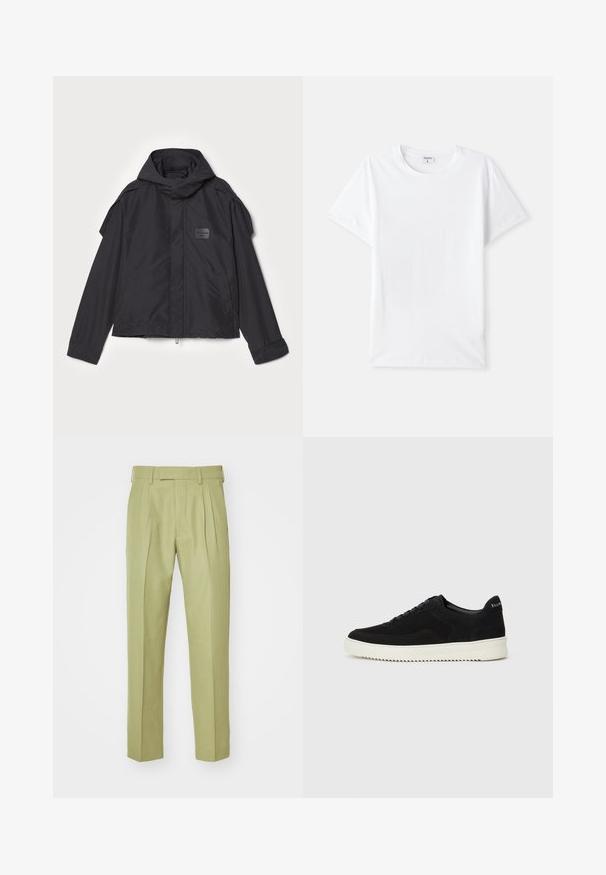 Musthaveheide mustaghuri hoodiga, valge catsosta. Omab esist zip ja külge taskud, õlavarre aksendid. Lihtne disain ja silt.; Valge puuvillane t-särk, ümmargune kaelus, lühikesed varrukad, sile tekstuur, ilma mustrite või aksessuaarideta, lihtne disain, tavaline istuvus.; Heledad heledad heledad kõrged elastne rubber kladatud kahes surnud rings on peenemad laiemad kolmnurga tiet tasane värv eelistus. ; Mustad suede jooksujalatsid, millel on paelad ja kontrastne valge kummitald. Omab tekstuuriga külgpaneele ja tagasihoidlikku brändimist kandadel.